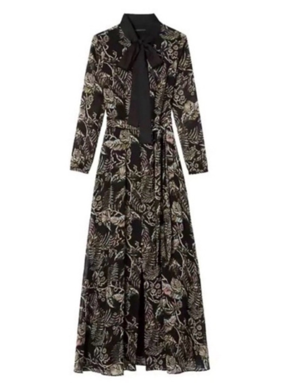Floral Long Sleeve Black Maxi Dress with Leaf Print with Tie Neck and Pockets - Picture 2 of 9